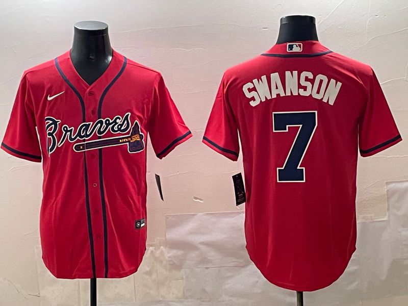 Men Atlanta Braves 7 Swanson Red Game 2025 Nike MLB Jersey style 1